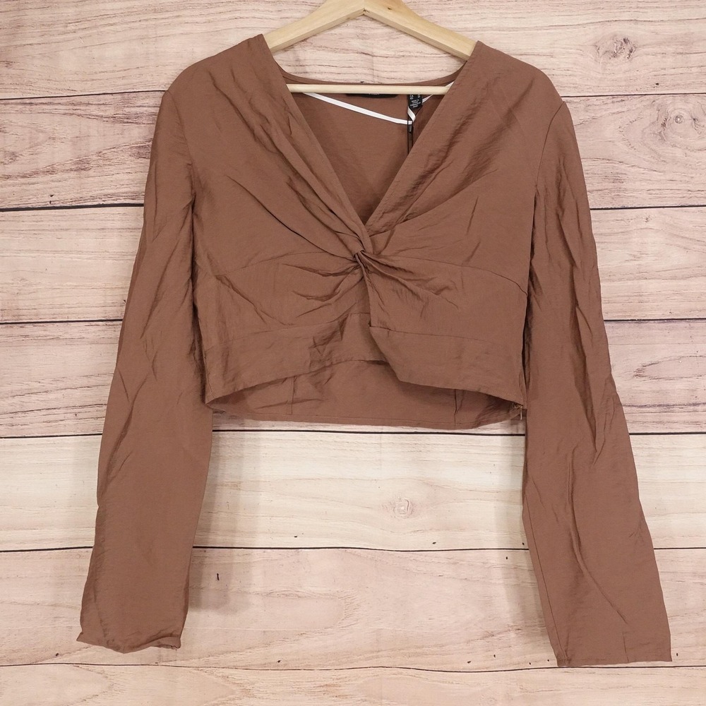 New! VERO MODA Blouse Womens M Brown Cropped V-Neck‎ Long Sleeve Zipper